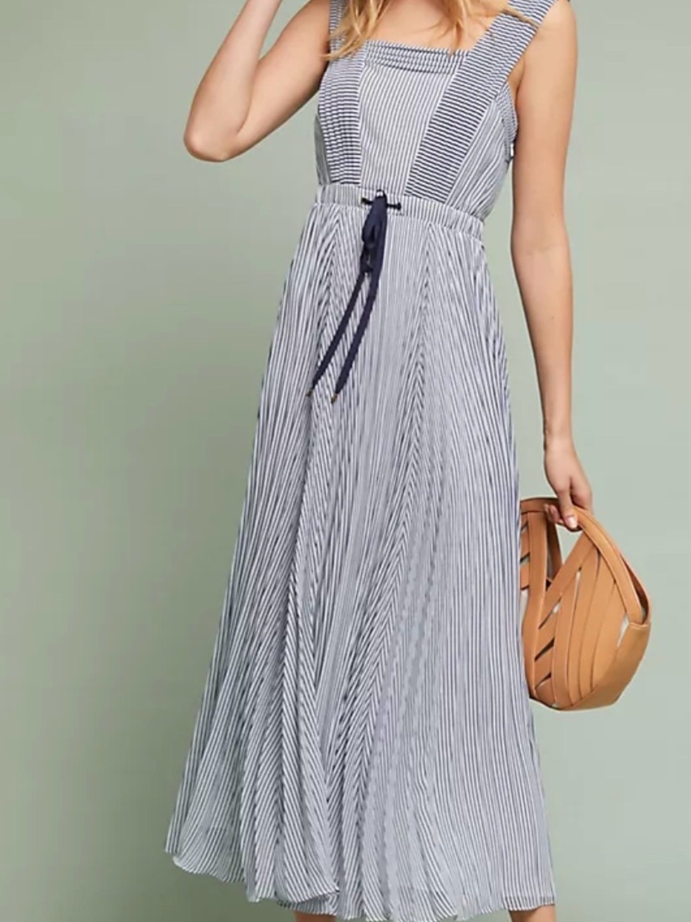Anthropologie Maeve Striped Navy and White Sundress with Tie Waist